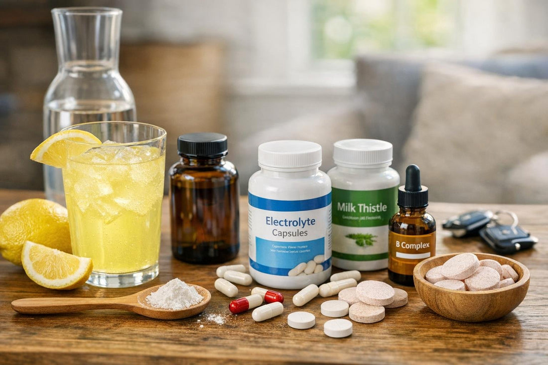 Recovery supplements and electrolyte drink on wooden table