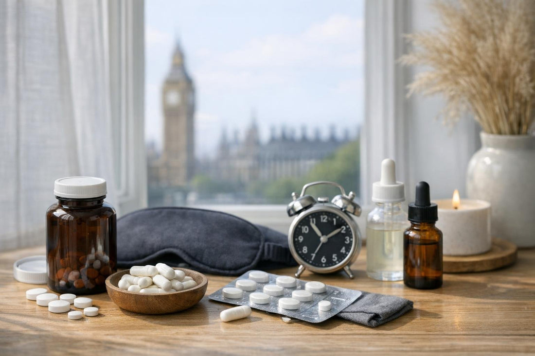 melatonin supplements and sleep aids on table