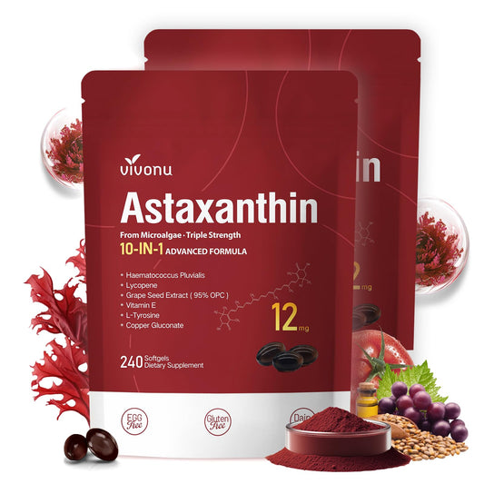 Bottle of 12 mg 10-in-1 astaxanthin supplement