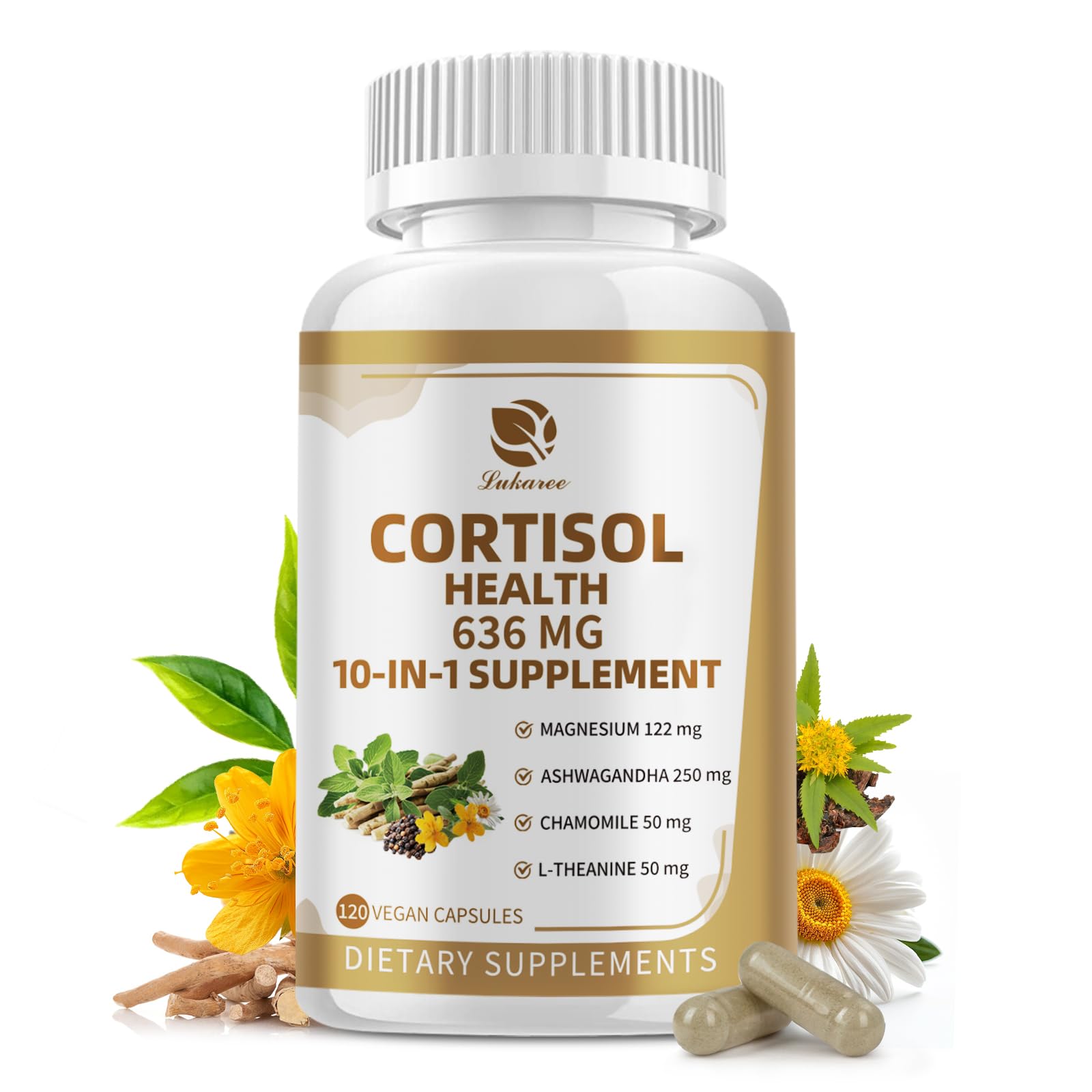 Front label of 10-in-1 Cortisol Supplement bottle