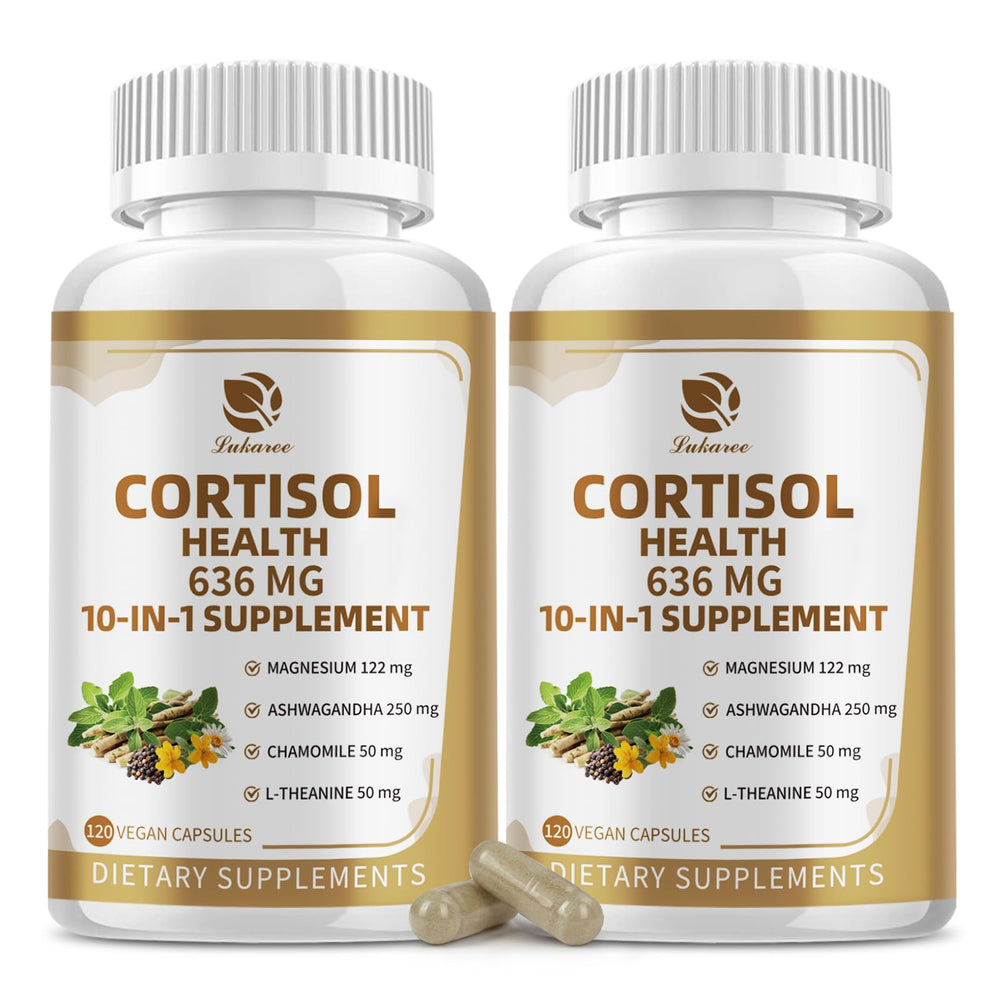 Bottle of 10-in-1 cortisol supplement with 240 vegan capsules