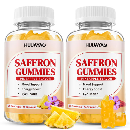Front view of 120-count bottle of 10-in-1 saffron gummies pineapple flavor