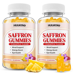 Front view of 120-count bottle of 10-in-1 saffron gummies pineapple flavor