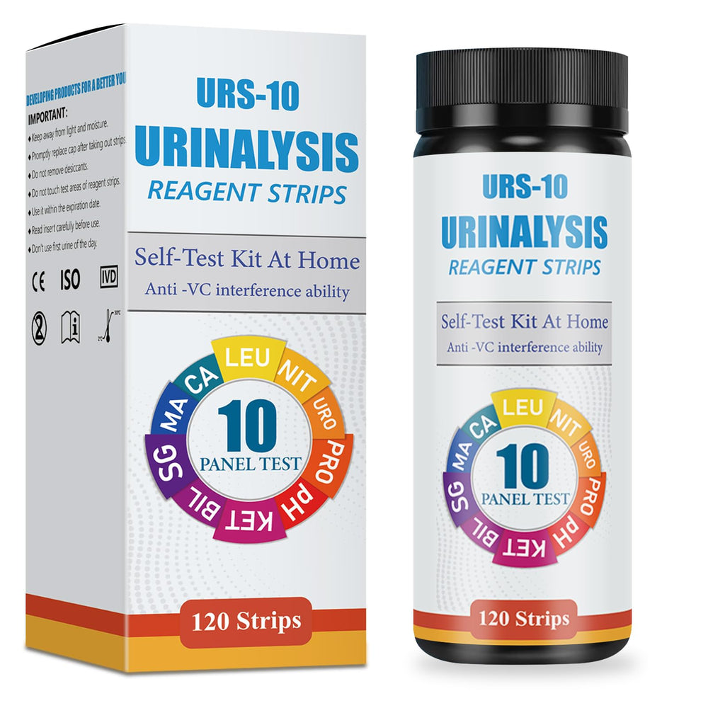 Front view of the 120-count 10-in-1 urine test strips package