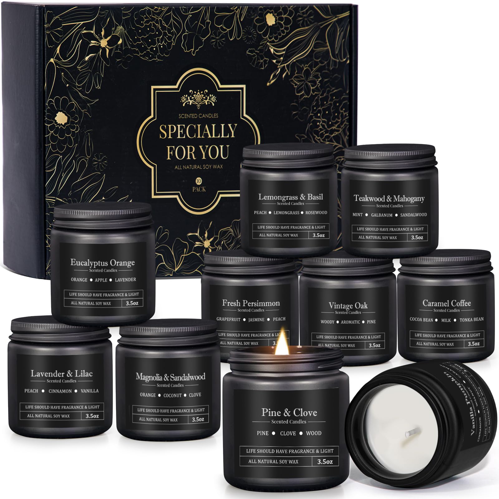 Front view of the 10-pack scented candles gift set for men