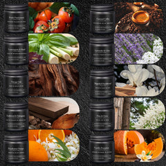 Assorted masculine scented candles in black glass jars