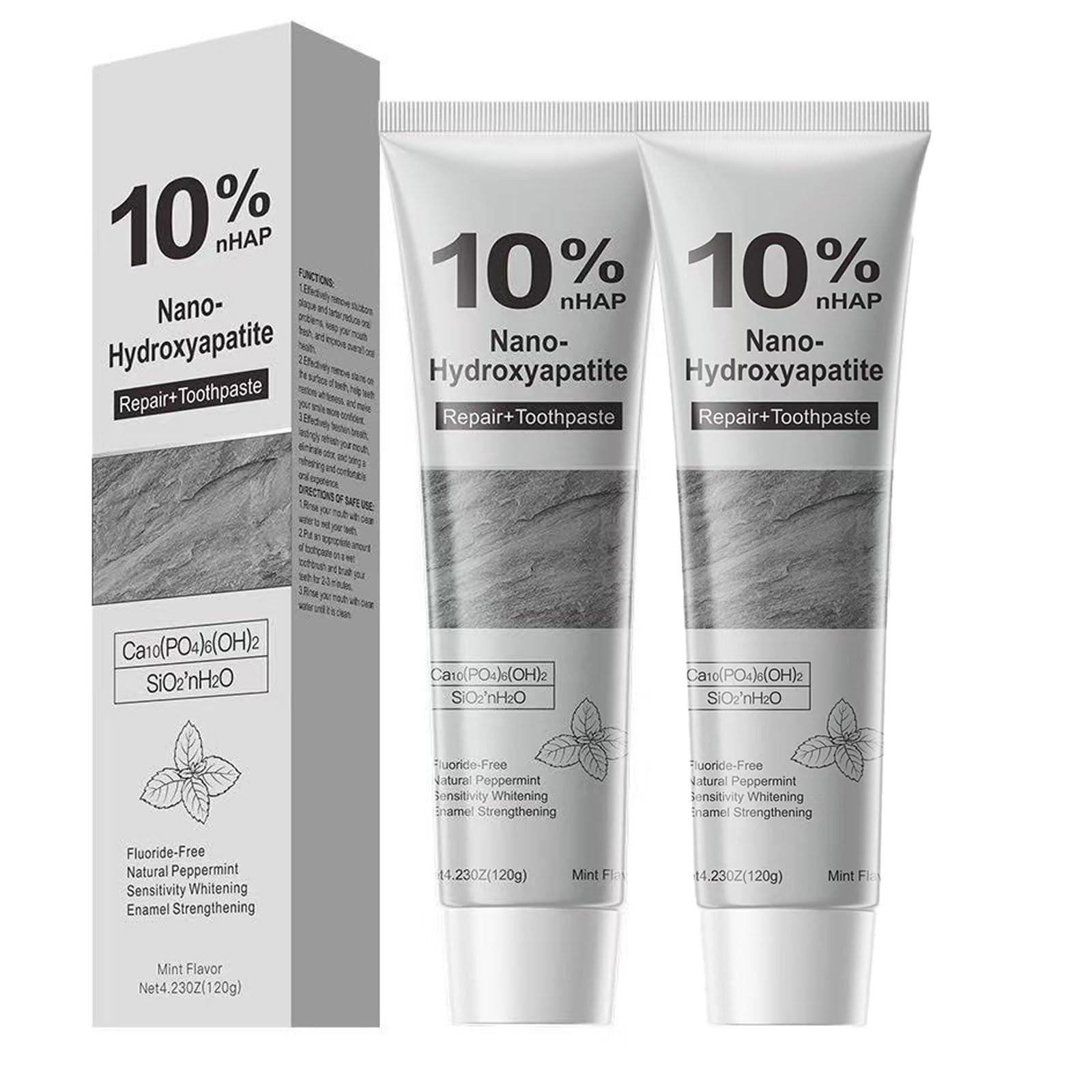 Two tubes of 10% nano hydroxyapatite toothpaste 2-pack on white background