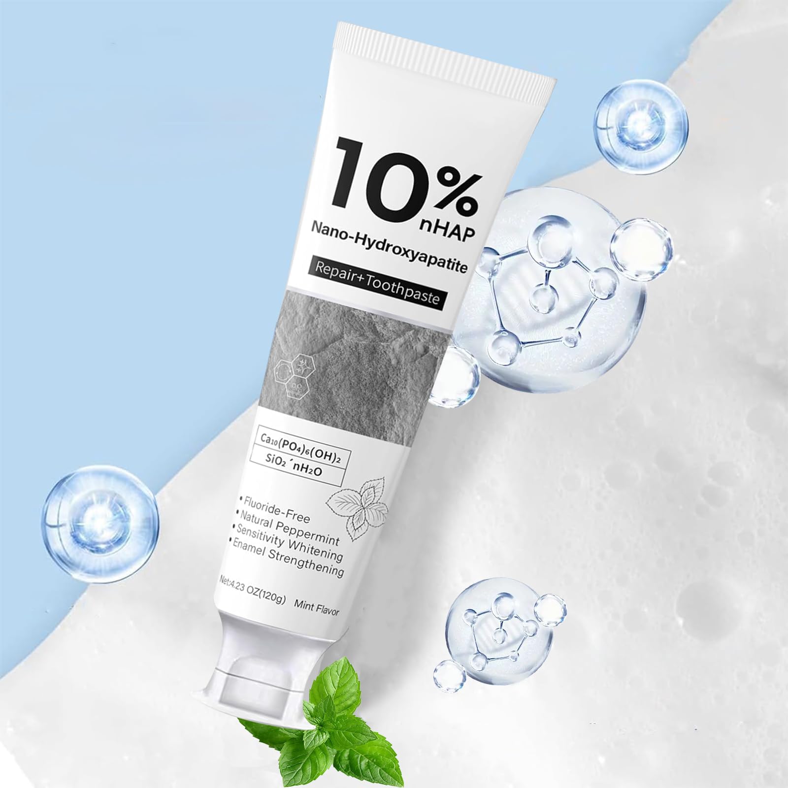 Tube of toothpaste labeled 10% nano-hydroxyapatite for enamel repair