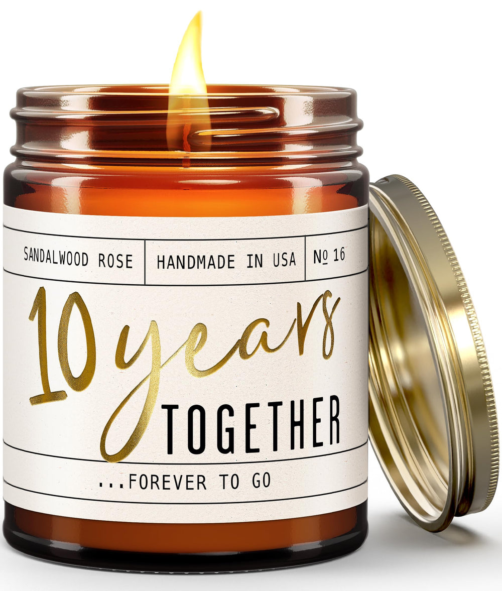 9oz soy candle in reusable glass jar with etched '10 Years Together … Forever to go' inscription