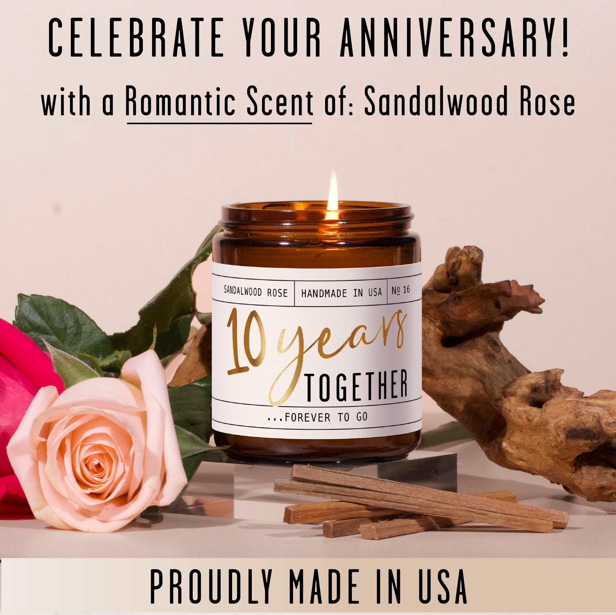 Candle shown in gift-ready packaging for 10th anniversary