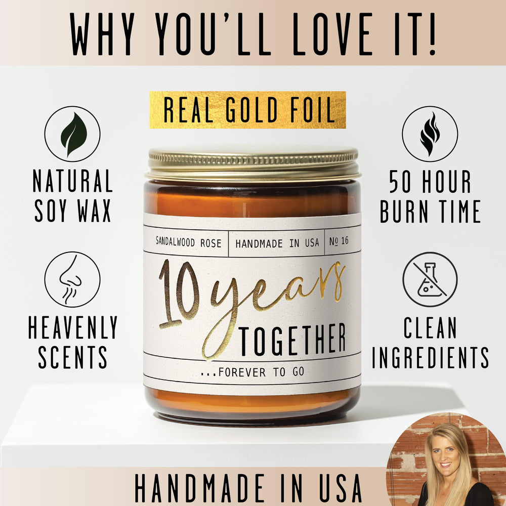 10th anniversary branding on the candle jar with gold foil