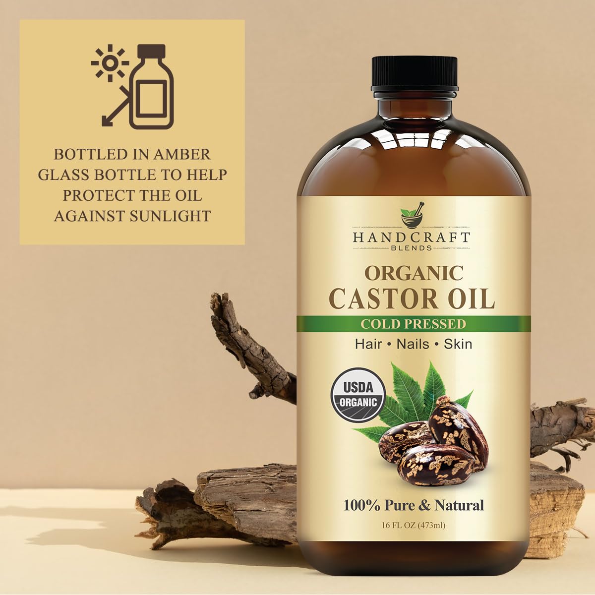 100% pure natural castor oil in glass bottle 16oz