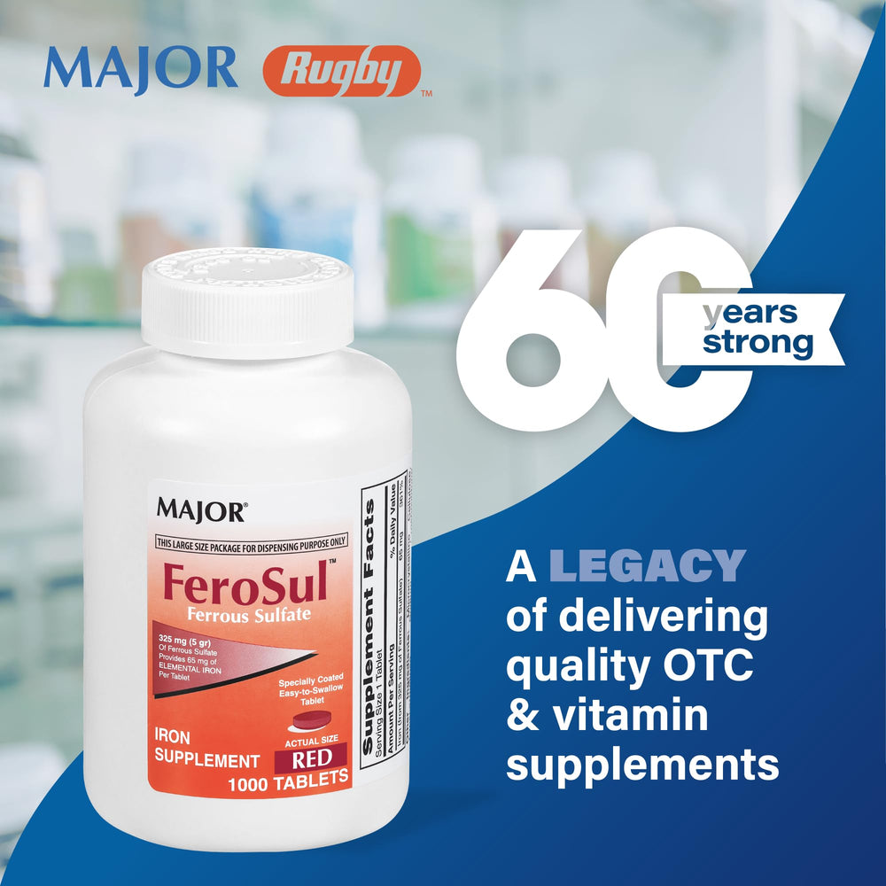 1000-count bottle of Major FeroSul ferrous sulfate tablets