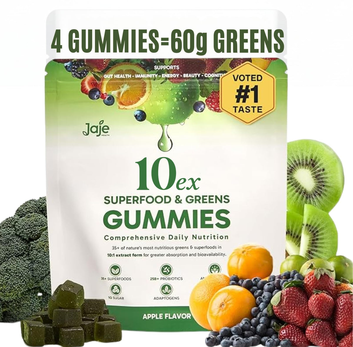 Packaging view of 10ex Supergreens Gummies with Probiotics