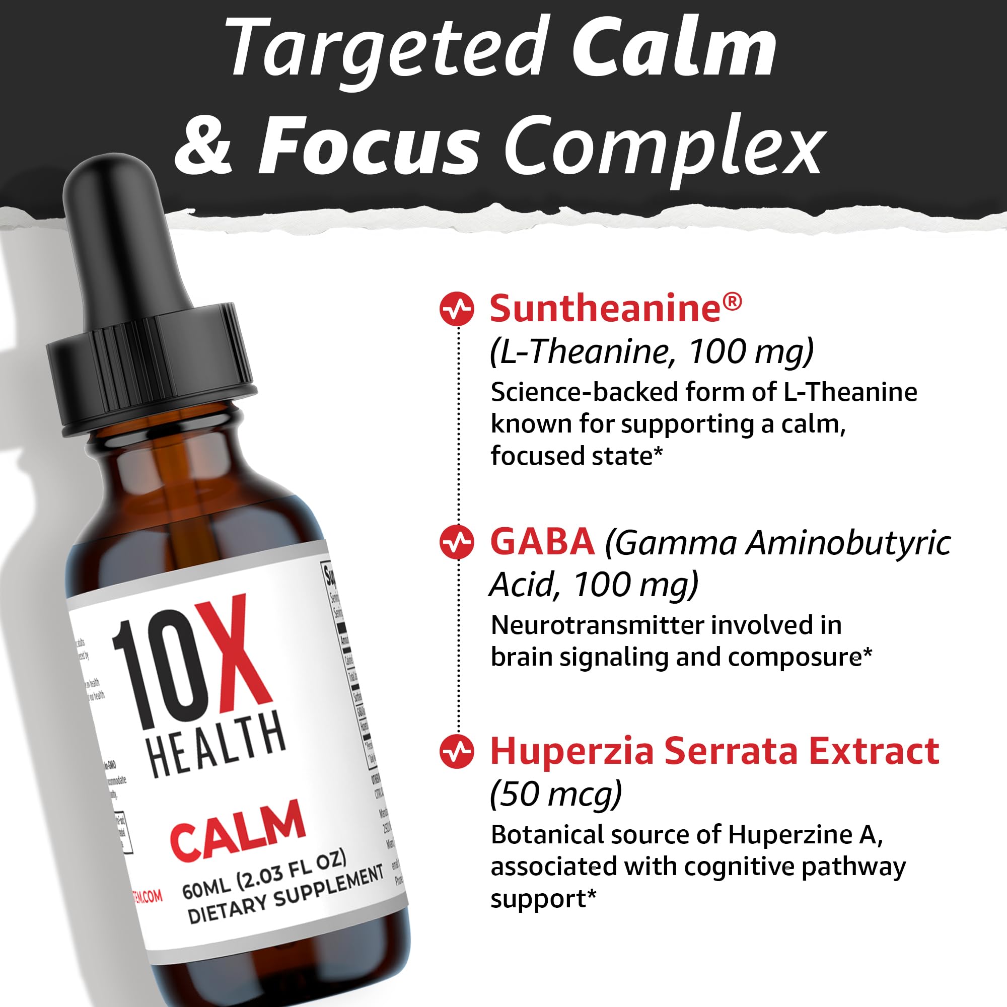 Dropper dispensing liquid from the Calm L Theanine Drops bottle