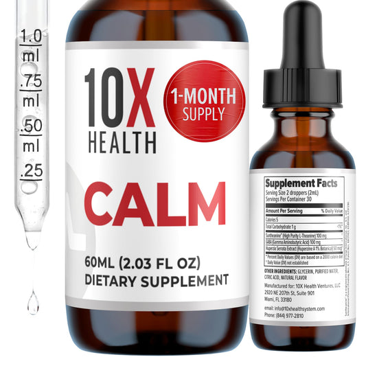 Front view of the 2.03 fl oz bottle of 10X Health Calm L Theanine Drops