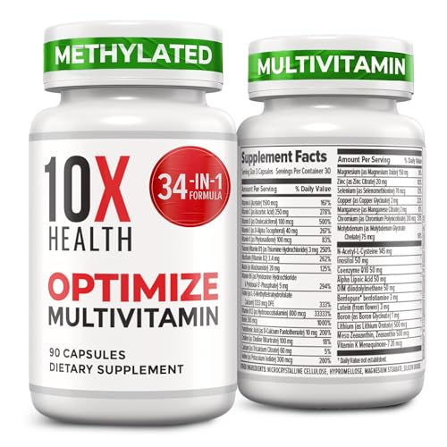 Front view of the 10X Health Optimize Multivitamin for Men bottle with 90 capsules