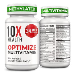 Front view of the 10X Health Optimize Multivitamin for Men bottle with 90 capsules