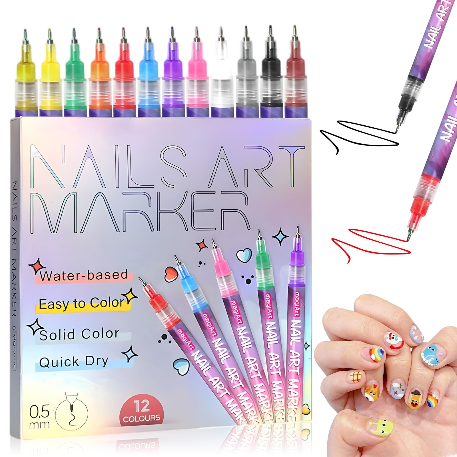 12-color nail art pens set close-up tip for precise detailing.