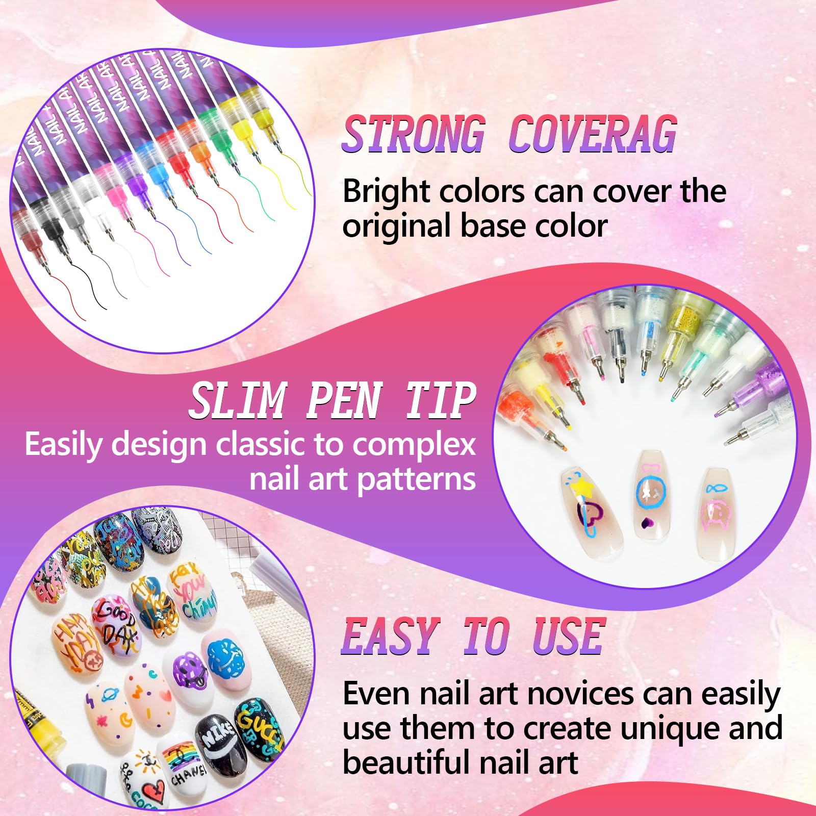 12-color nail art pens set packaging and cap showing secure closure.