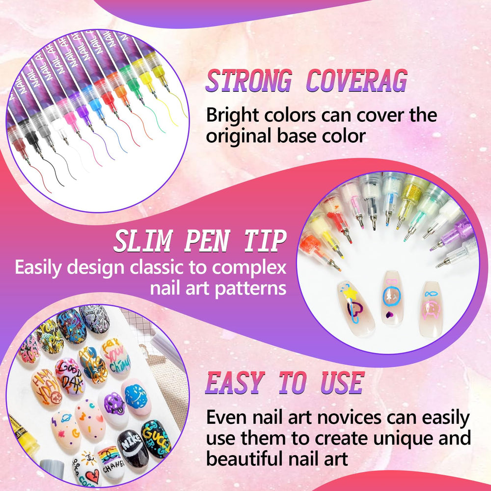 12-color nail art pens set packaging and cap showing secure closure.