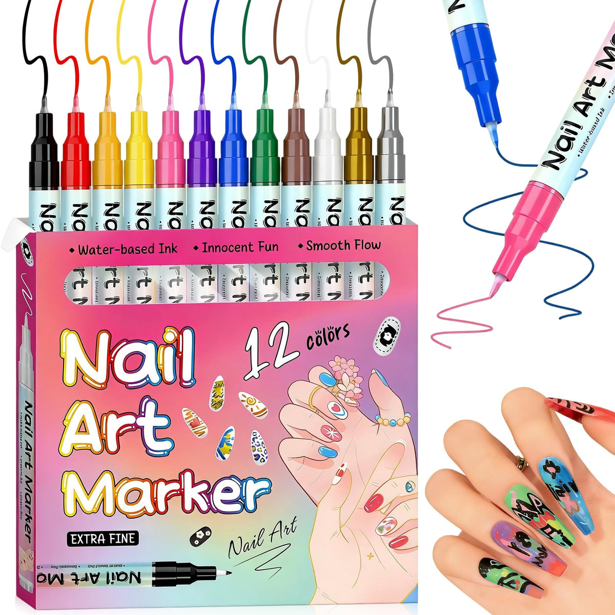 The 12 colors nail art pens set front view, ideal for vibrant DIY manicures.