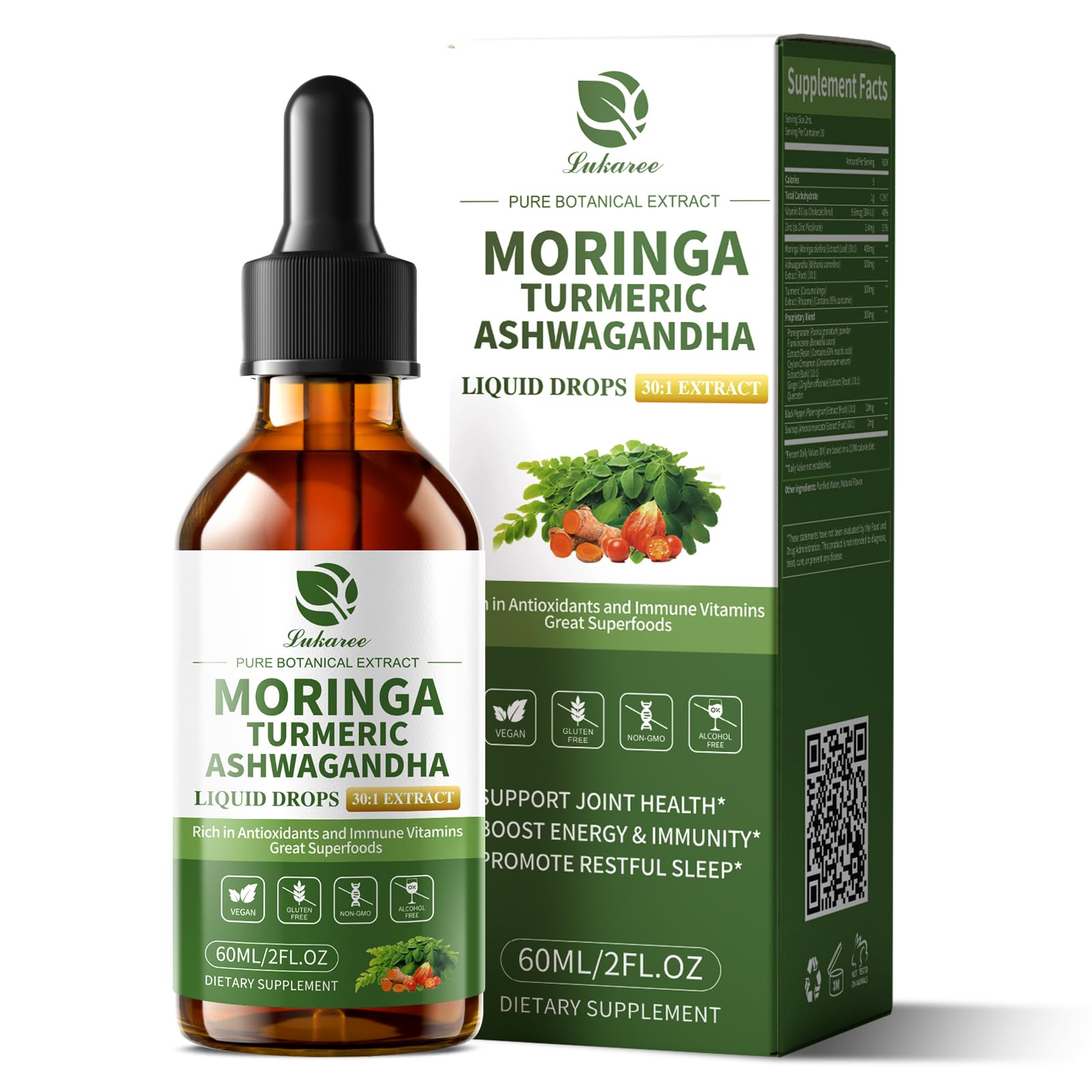 Bottle label highlighting 12-in-1 organic moringa drops with liposomal delivery