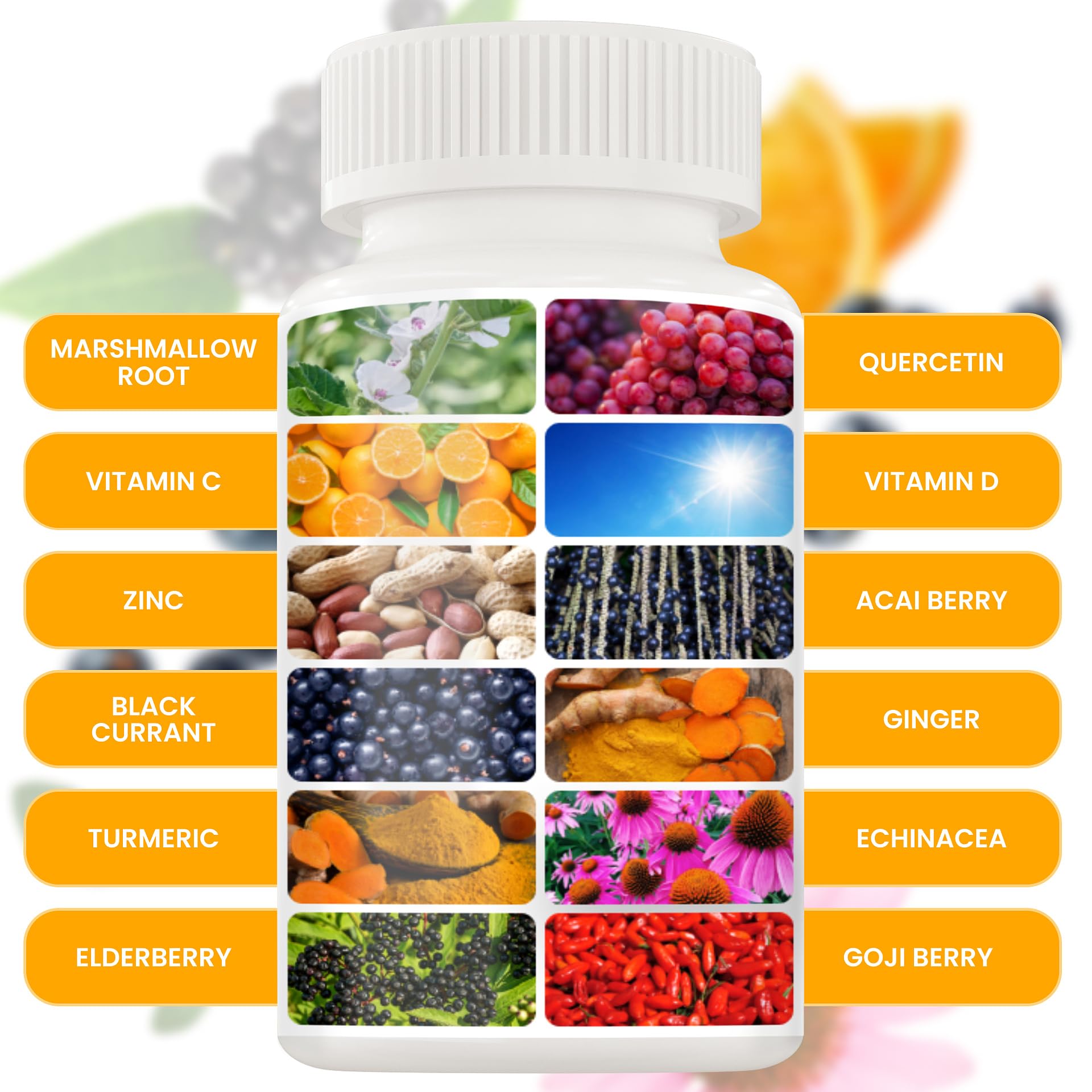 Front view of supplement bottle with label