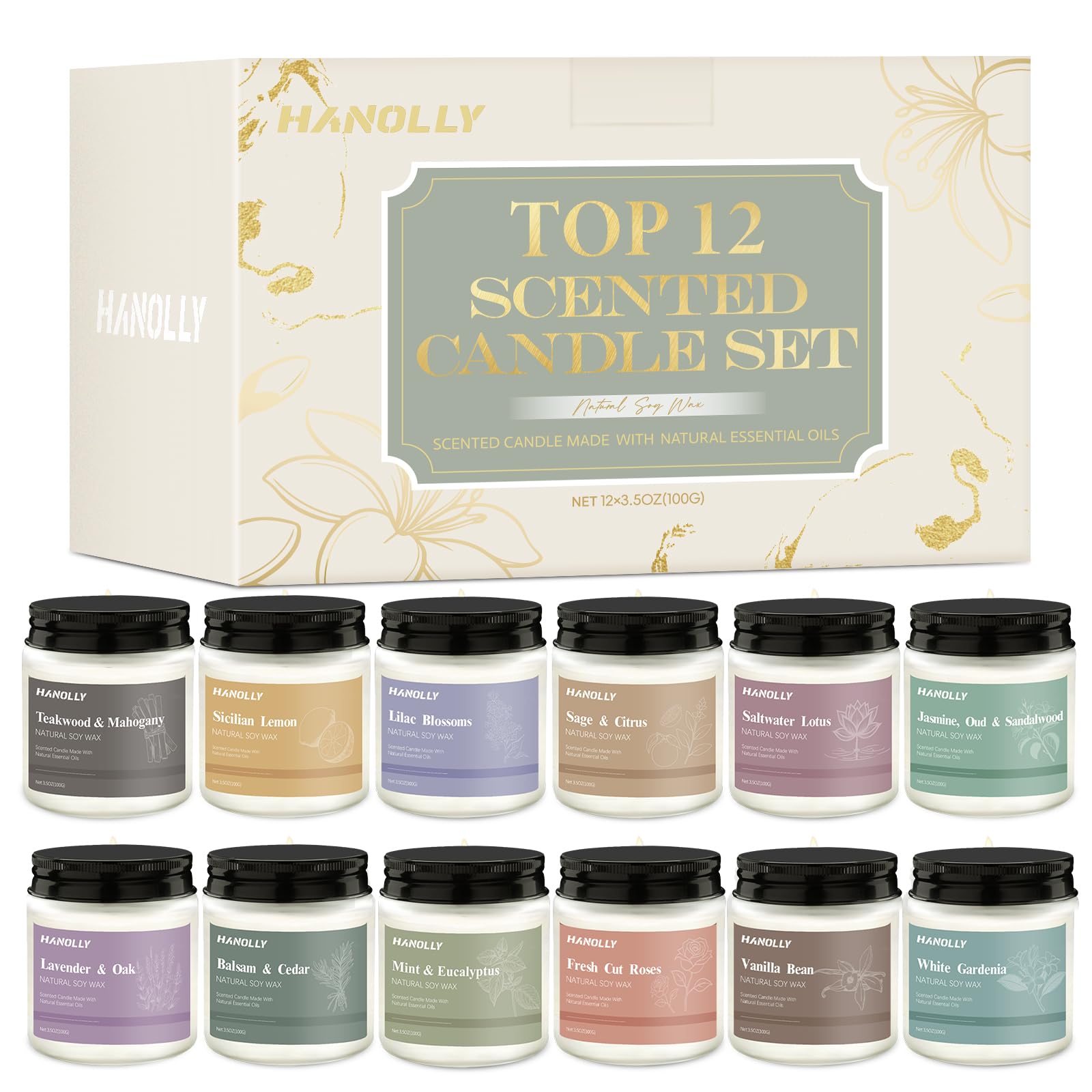 12-pack natural soy candles gift set in frosted jars