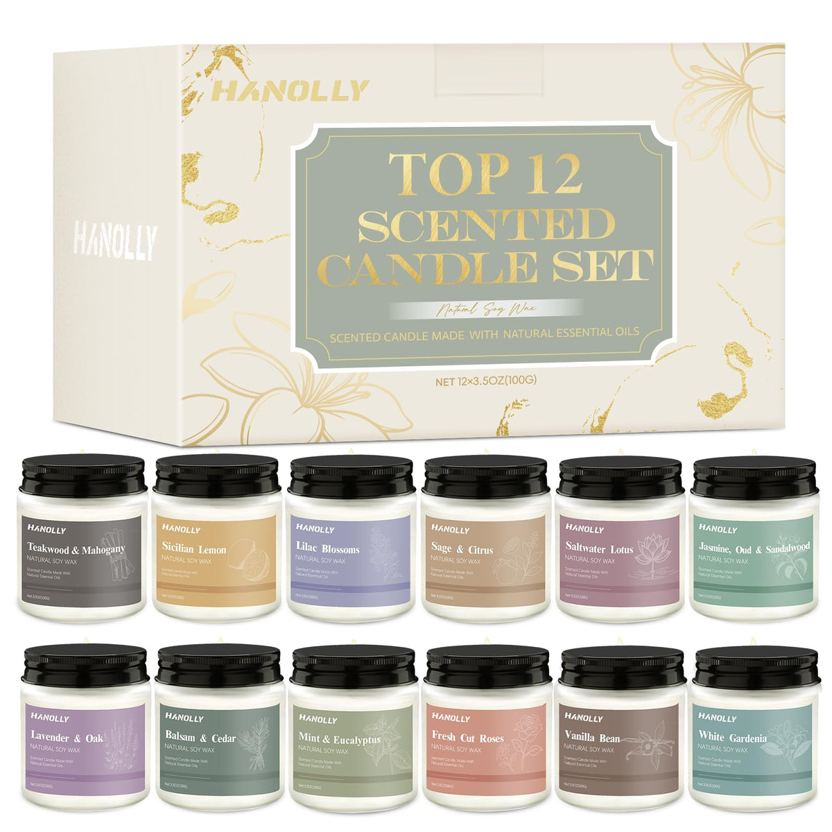 12-pack natural soy candles gift set in frosted jars