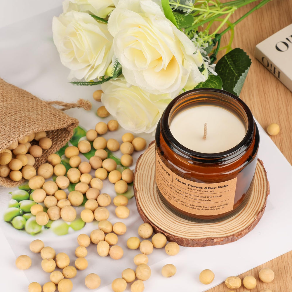 Minimalist amber jar candle design with vintage gift box
