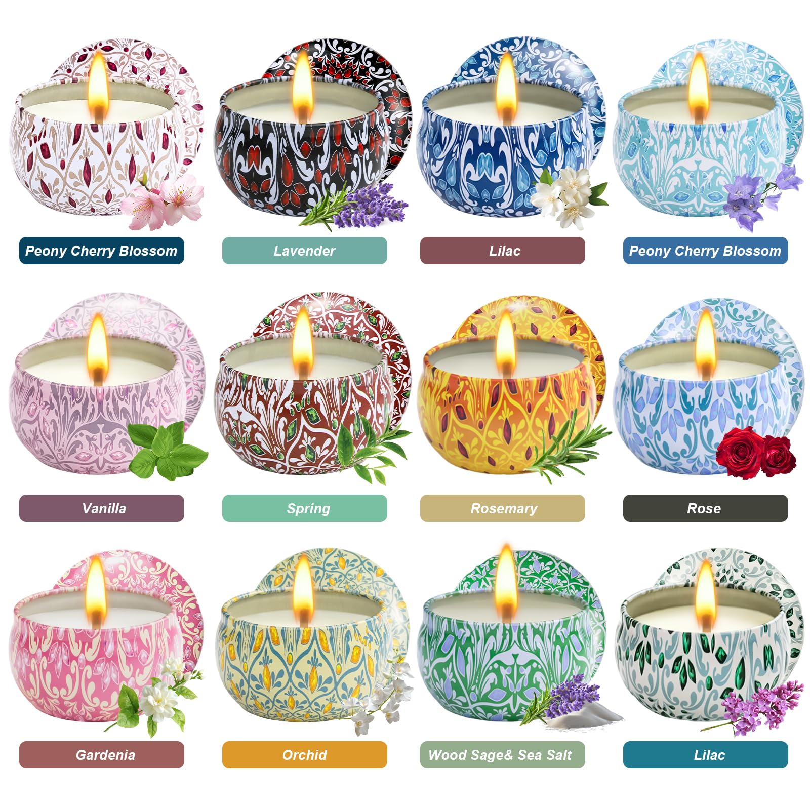 Natural soy wax candles in metal tins - rose and lavender scents