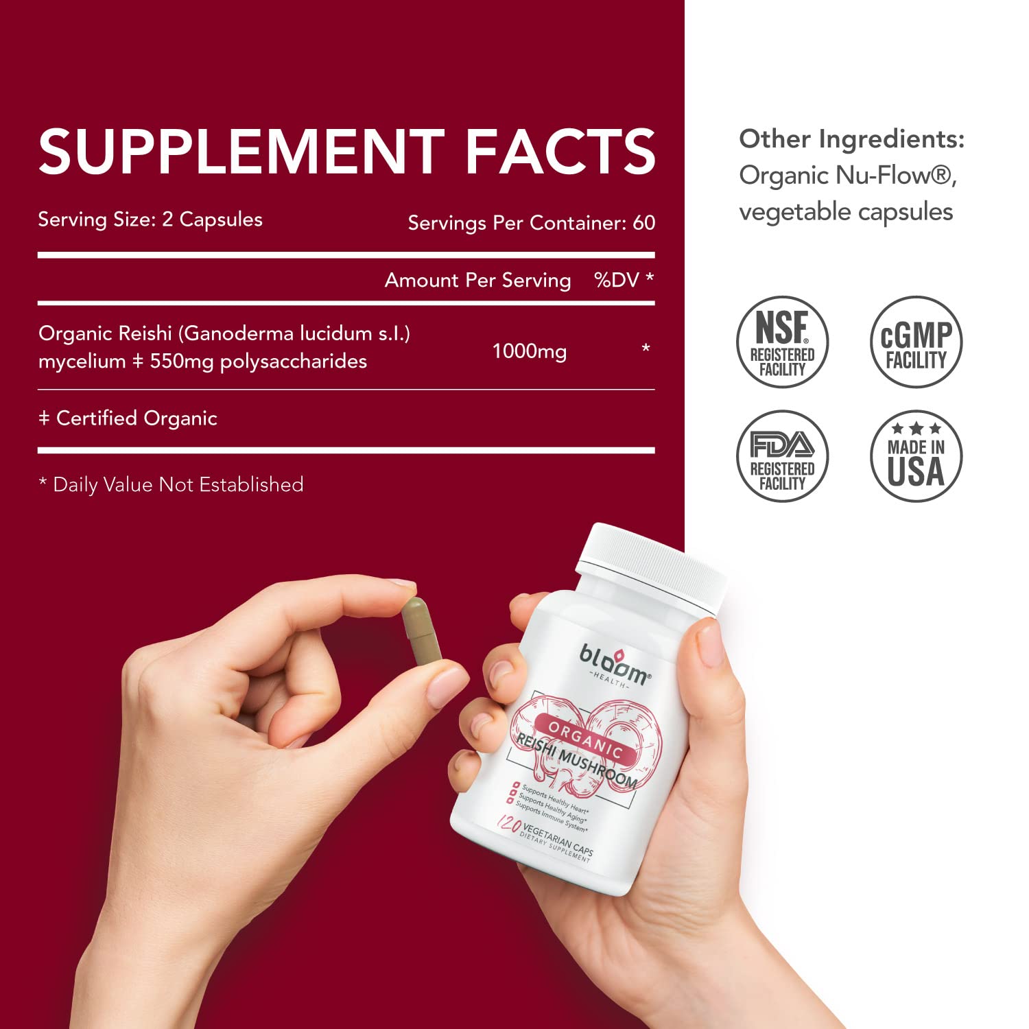 Bottle containing 120 Bloom Health Reishi Mushroom Capsules