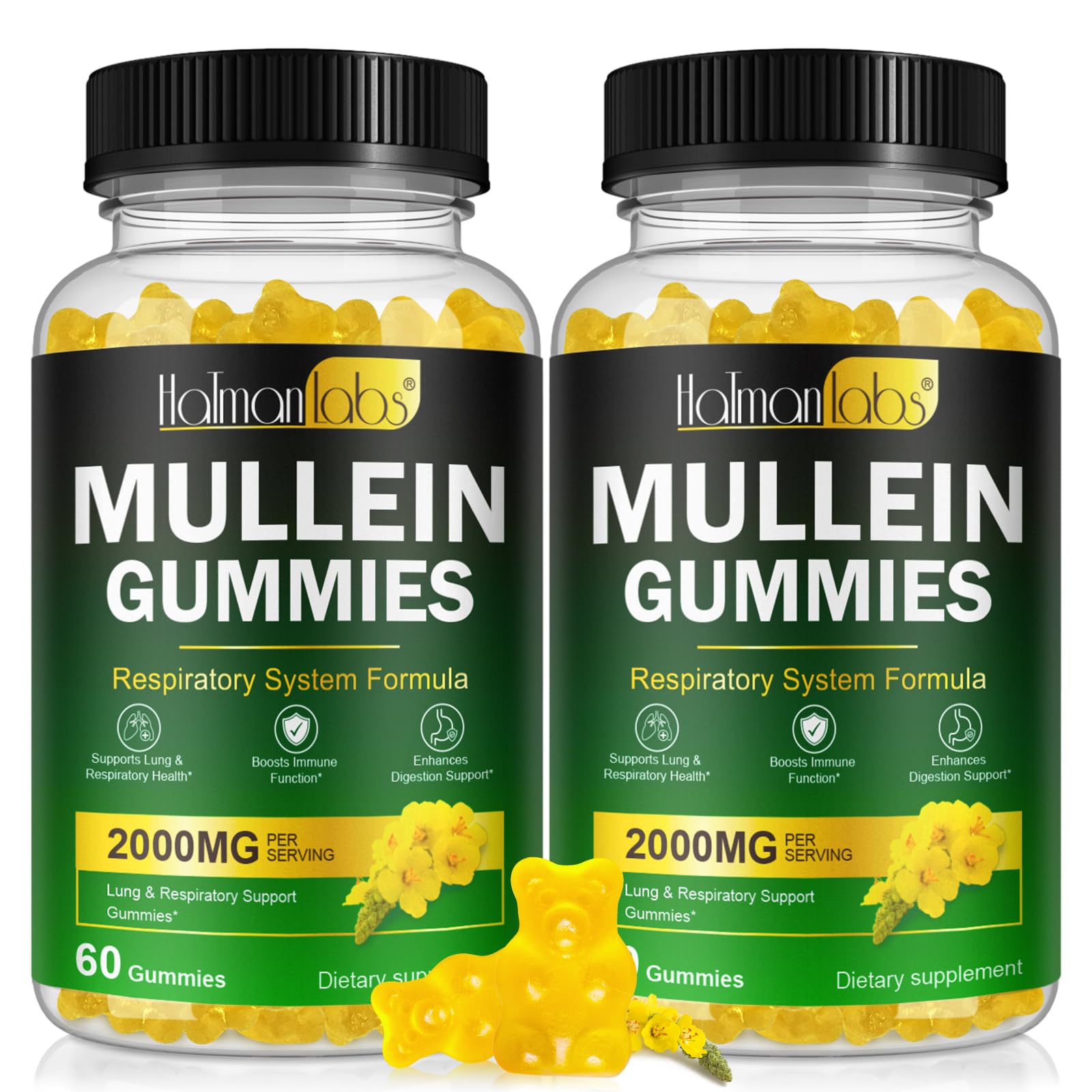 Bottle of 120-count pear-flavored mullein gummies