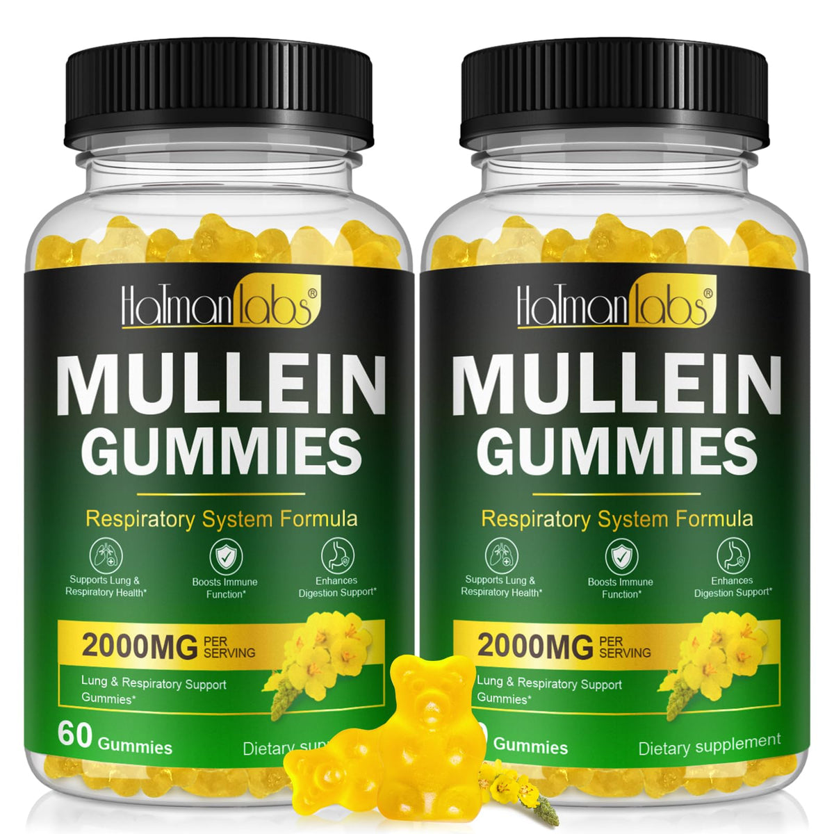 Bottle of 120-count pear-flavored mullein gummies