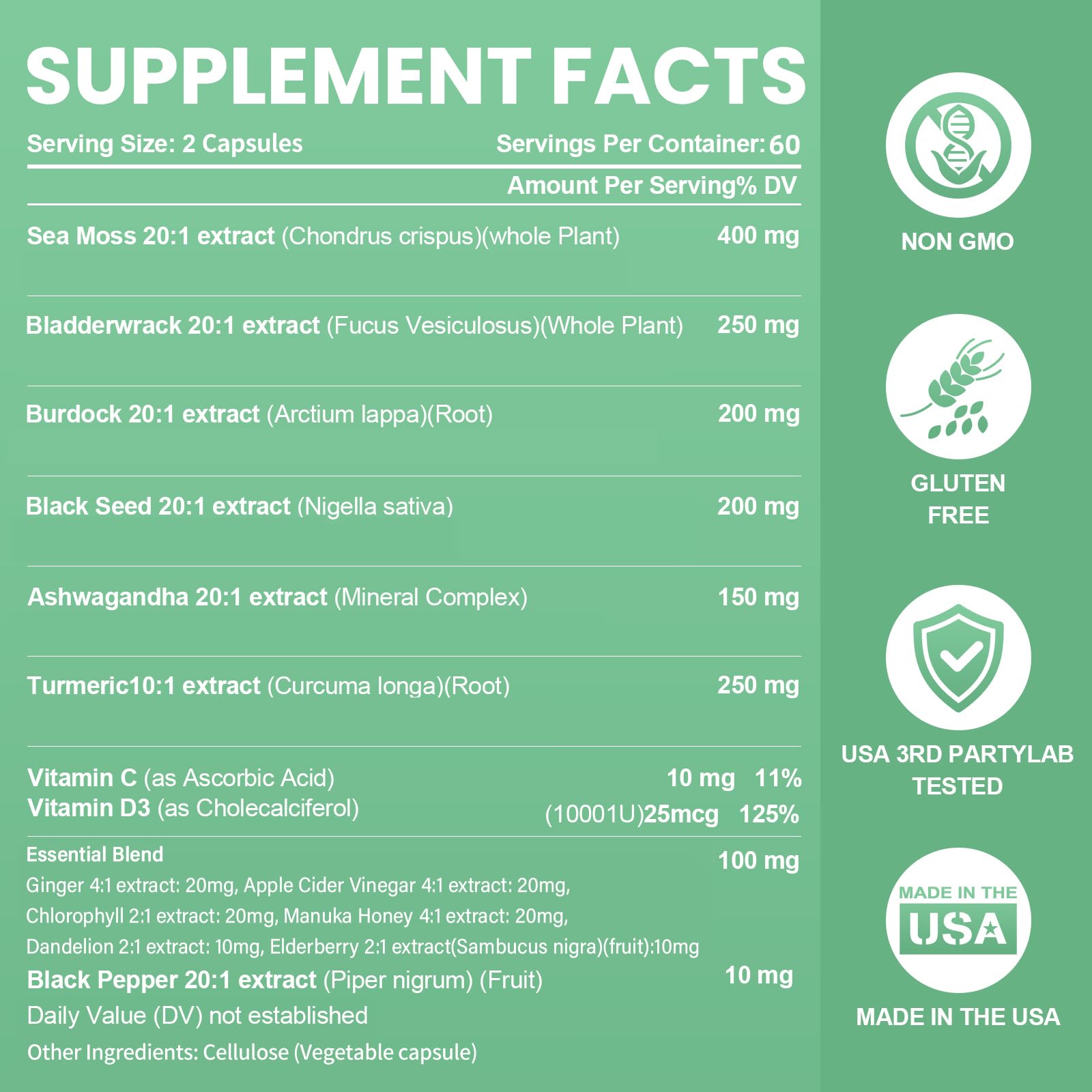 Packaging and 120-count bottle of sea moss capsules