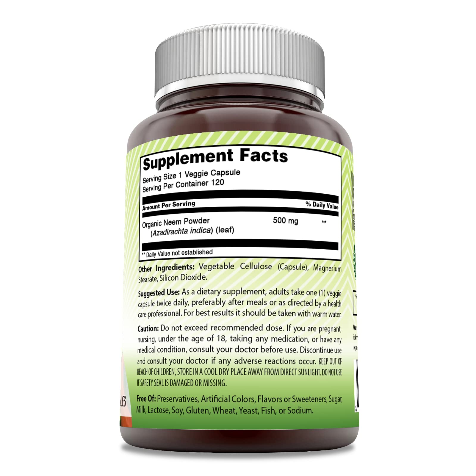 120 servings per bottle with one veggie capsule per serving