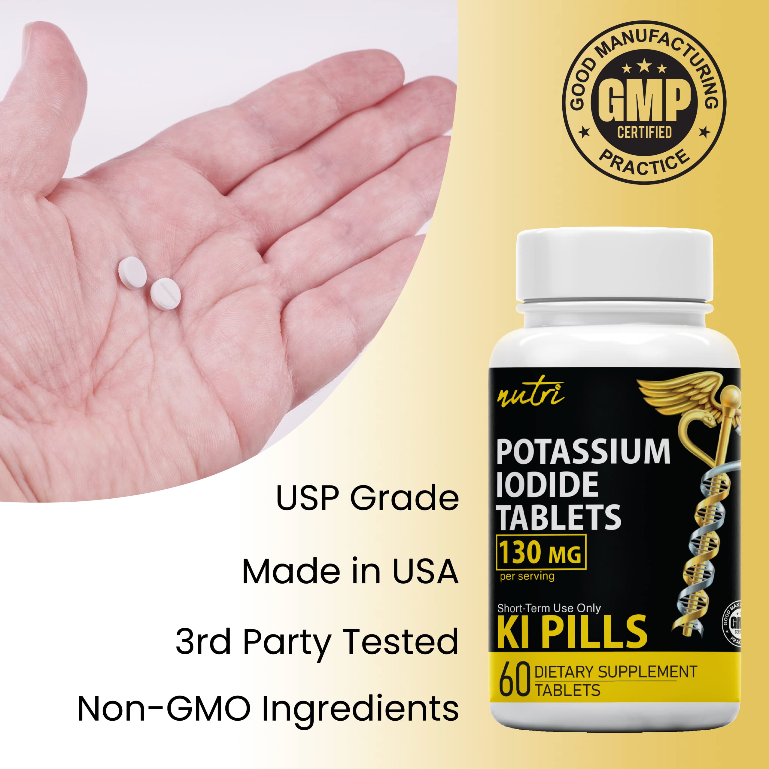 Close-up of divisible 130 mg potassium iodide tablets