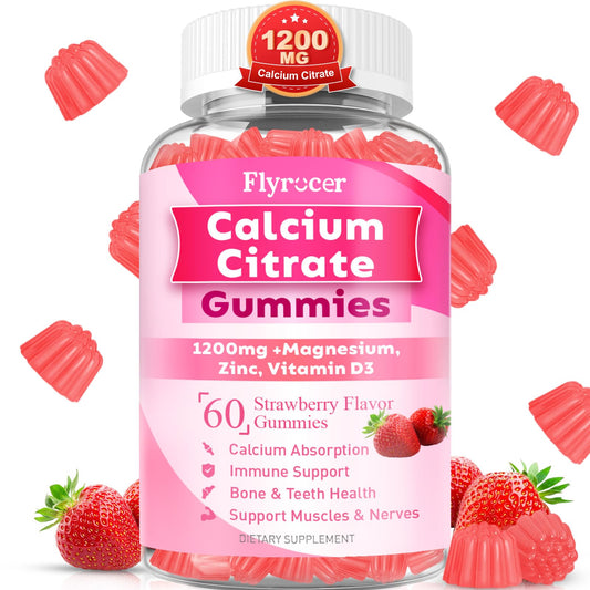 Bottle of 1200mg calcium citrate gummies in strawberry flavor (60 count).