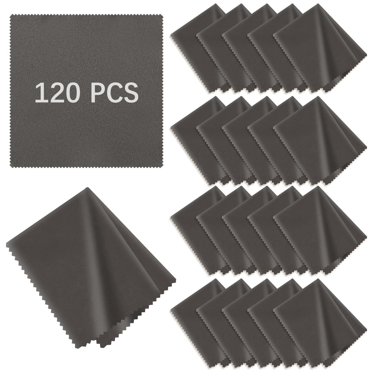120-pack microfiber cleaning cloths for glasses measuring 5.5x5.5 inches