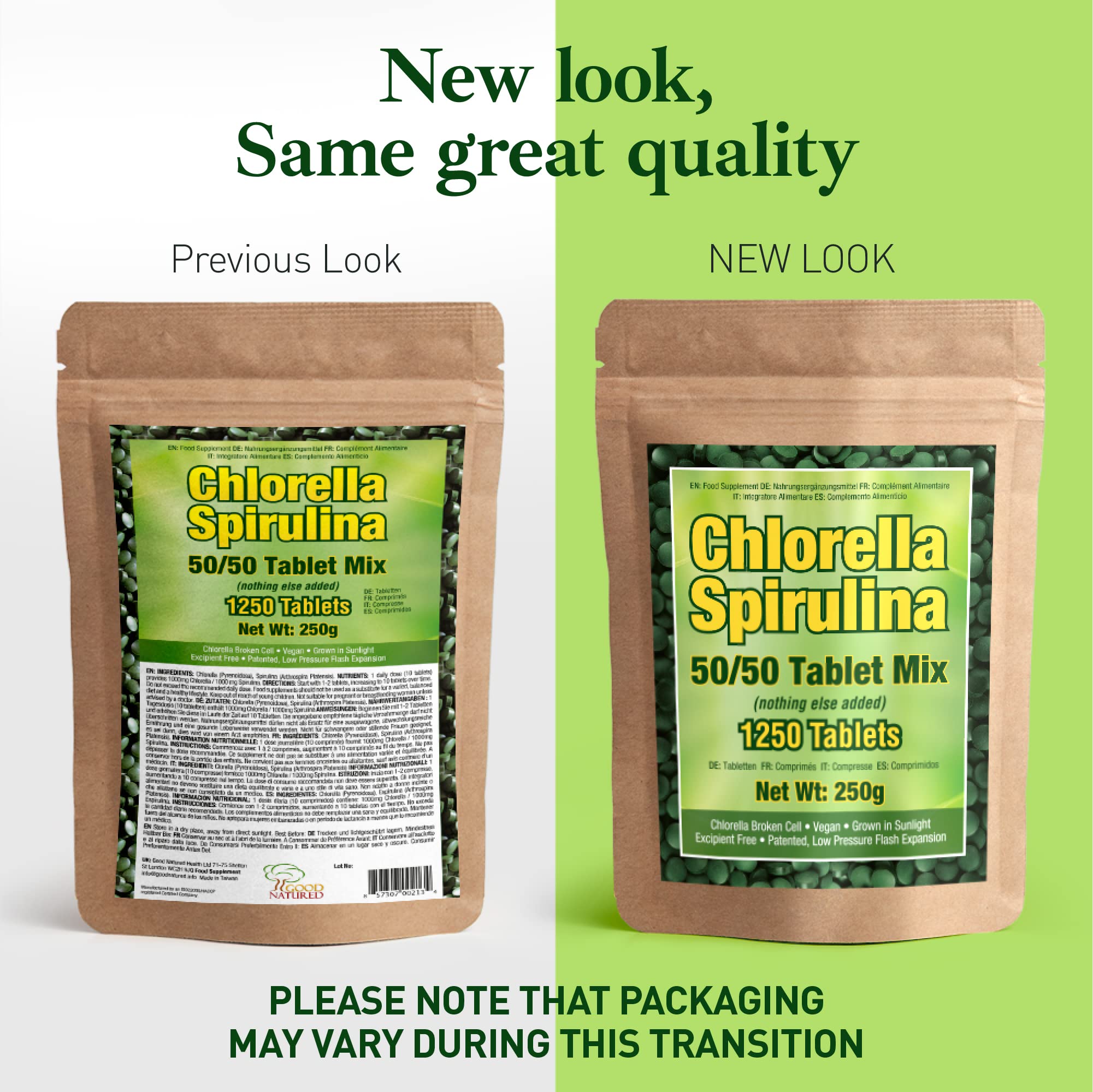 1250-count bottle of spirulina and chlorella capsules