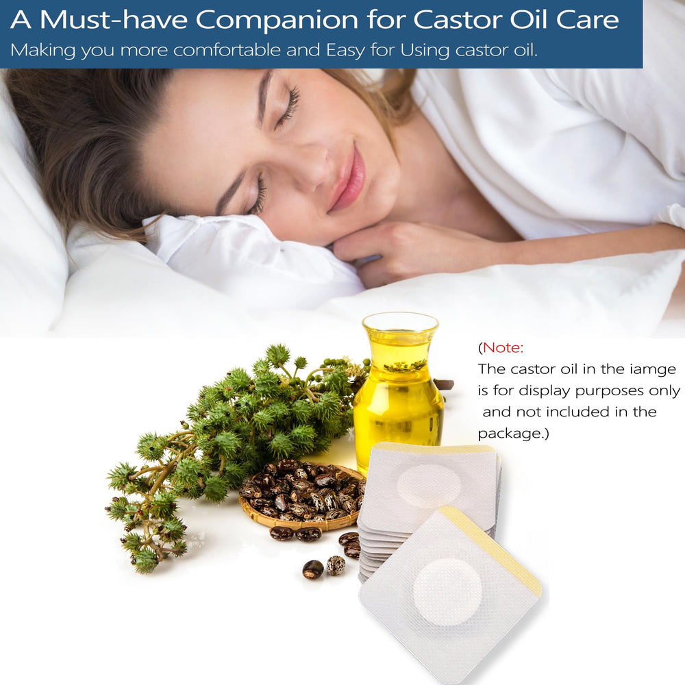 Self-adhesive belly button castor oil wrap patch being applied