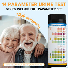 Close-up of 14-URS test strips with color chart