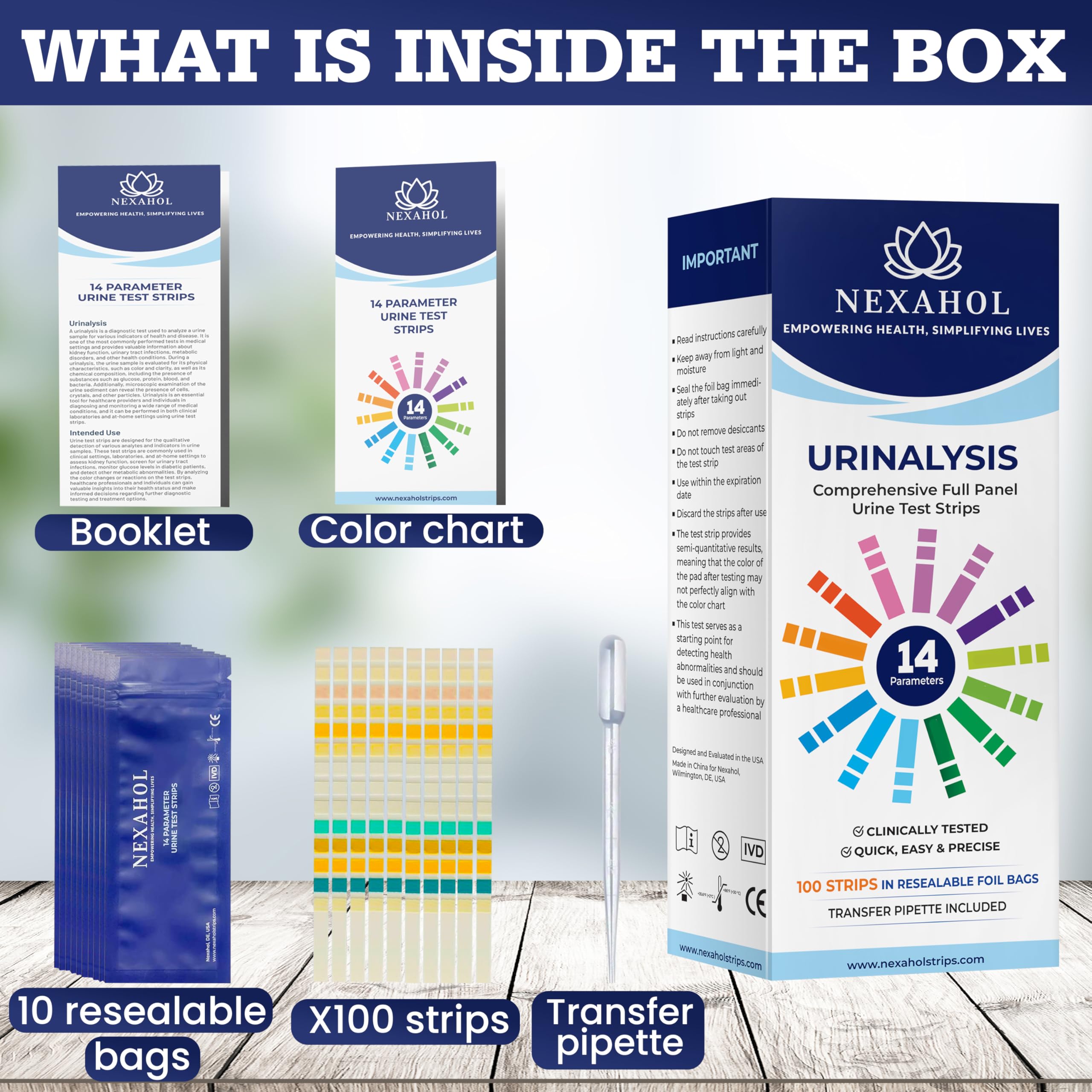 14-parameter urinalysis chart on packaging