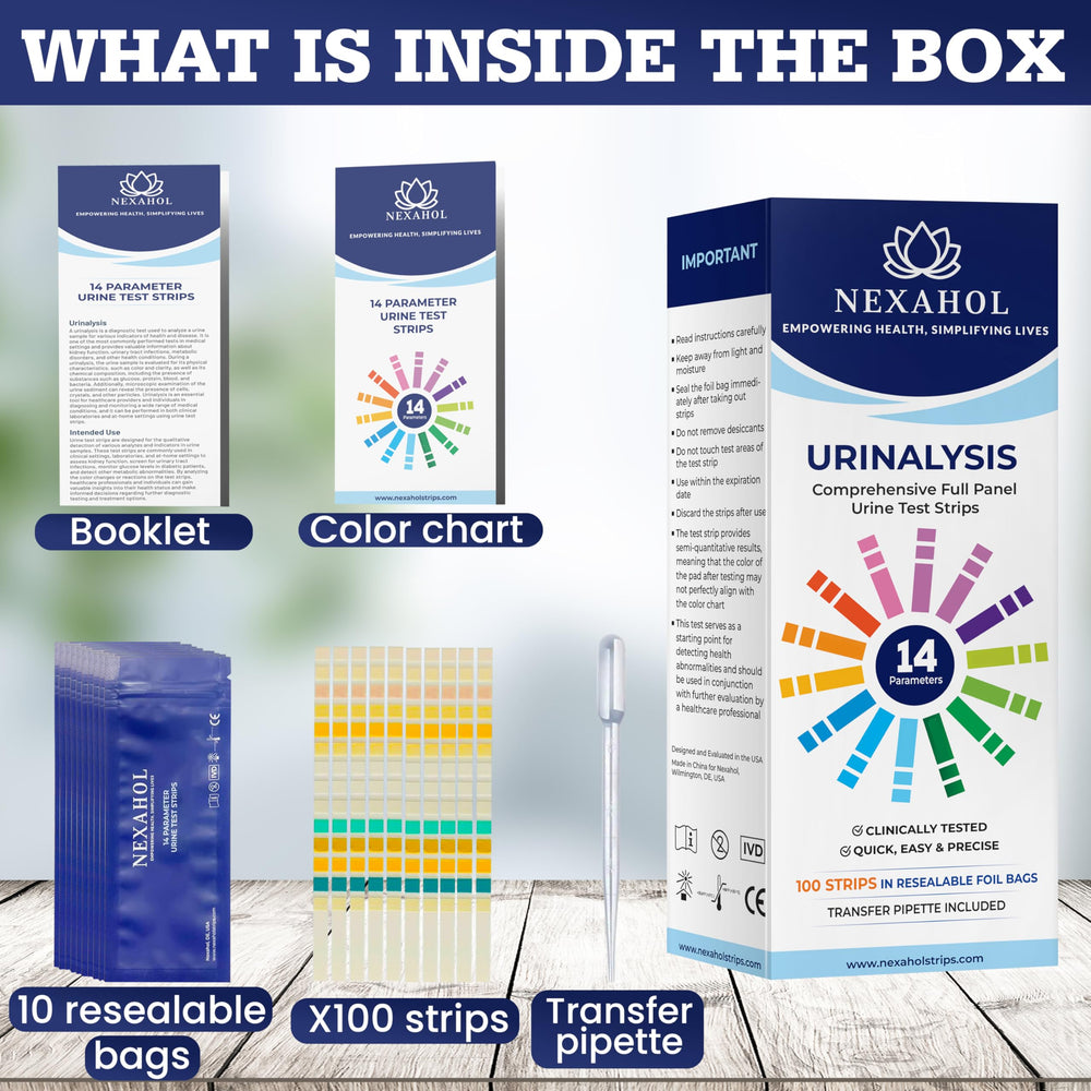 14-parameter urinalysis chart on packaging