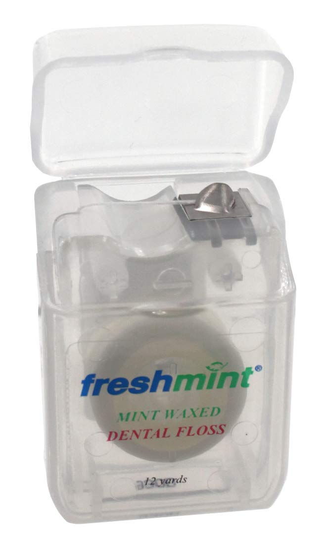 Display showing 144 spools of Freshmint Mint Waxed Dental Floss (12 yards each)