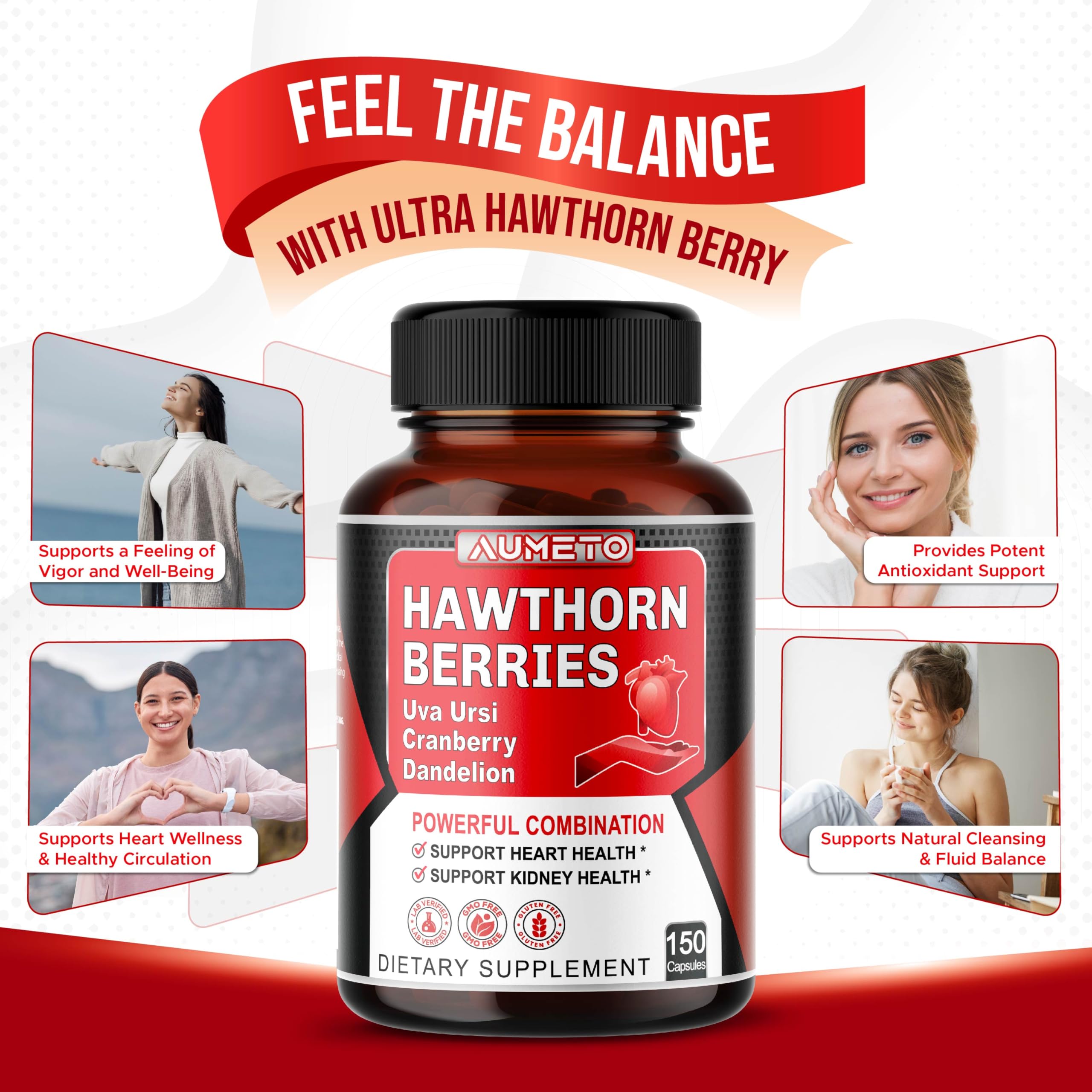 150-count bottle of AUMETO Hawthorn Berry capsules