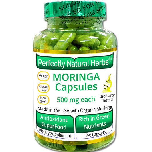 Bottle of 150 Moringa Capsules with USDA Organic Moringa Leaf Powder label