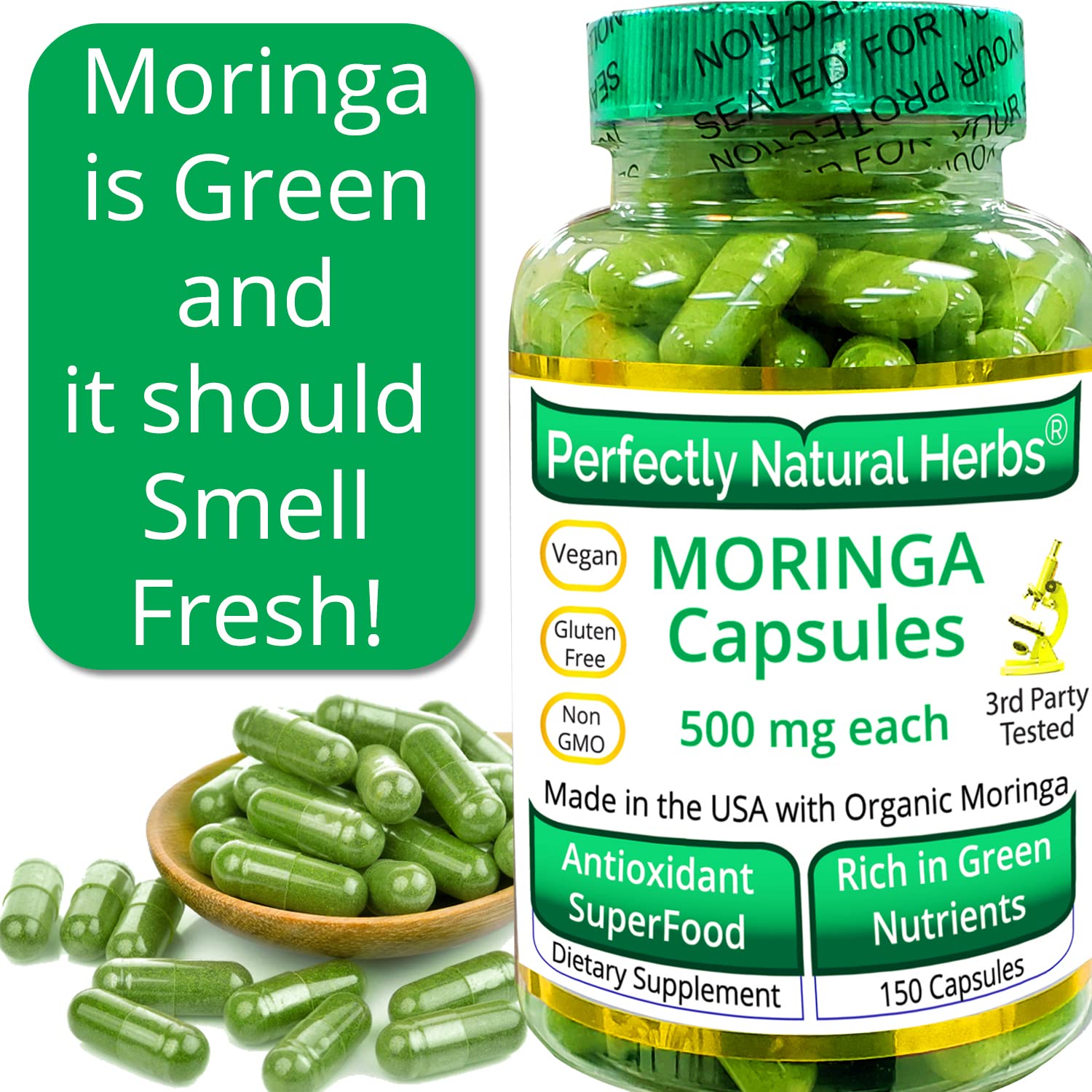 Front view of Moringa Capsules packaging showing 500mg per capsule