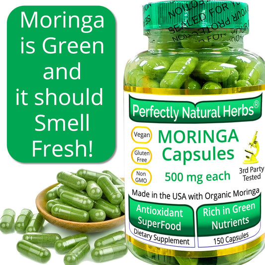 Front view of Moringa Capsules packaging showing 500mg per capsule